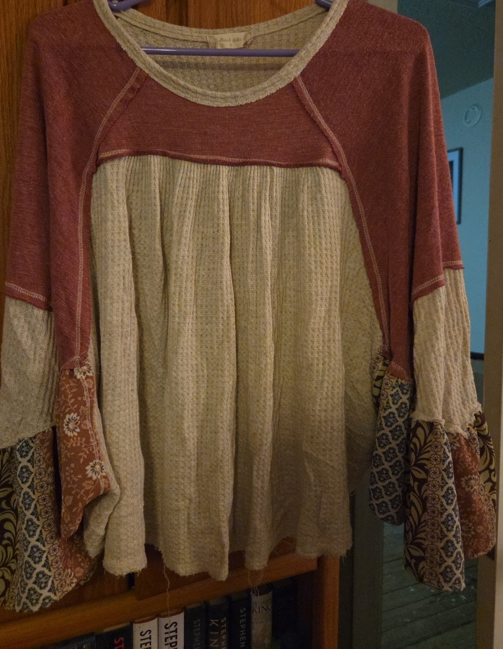 Altar'd State Cream and Rust Waffle-Knit Boho Peasant Top